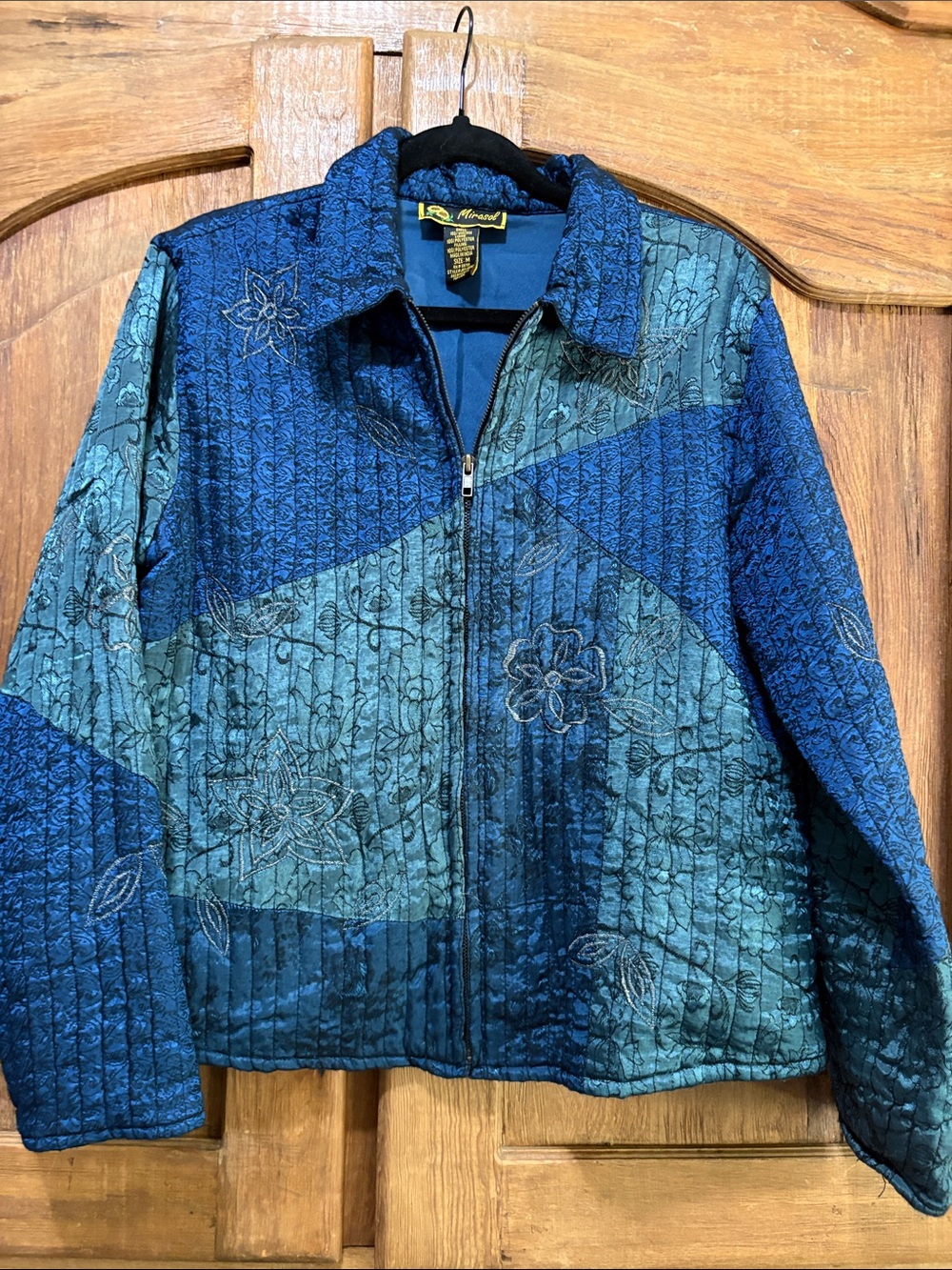 Mirasol Patchwork Quilted Blue Teal Floral Zip Jacket